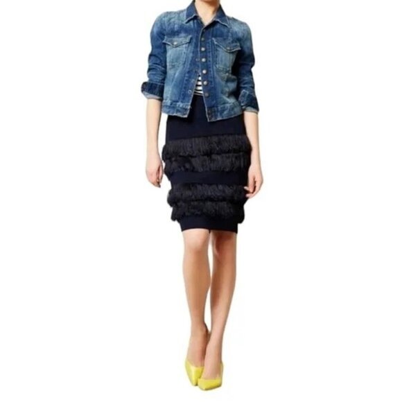 NWOT Eva Franco blue knee length skirt with tiered fringe accent, 10 - Picture 1 of 8